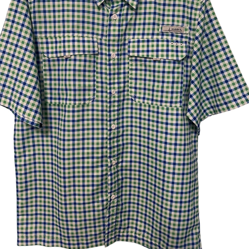 Habit Fishing Shirt Vented Plaid Button Up Short Sleeve Green‎ Blue Size?